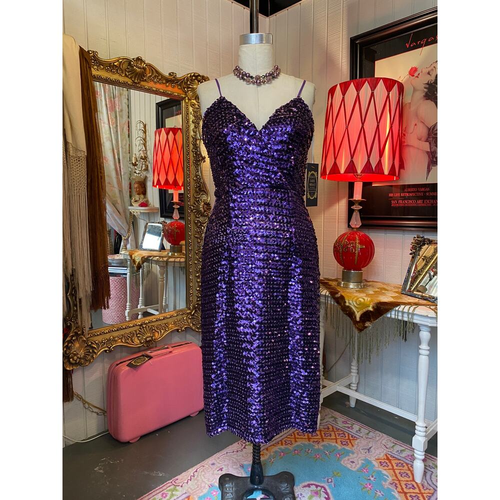 vintage 1970s purple sequin dress 70s formal cocktail prom s/m 27